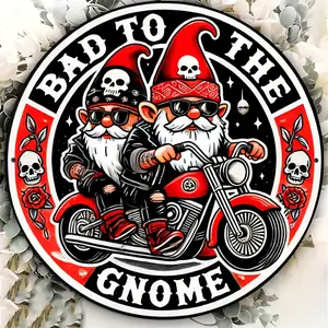 Gnome Metal Wreath Sign - Round Motorcycle Girl & Guy Decor, Cute Gnome Emblem for Living Room, Patio, Home, Porch, Bedroom - Perfect Holiday Gift & Entrance Accent, Perfect for Room Decor