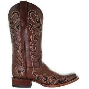 Corral Boots Womens Tooled-Inlay Square Toe Pull On  Casual Boots Knee High Low Heel 1-2" - Brown