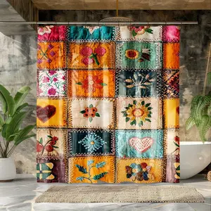 1pc Vintage Bohemian Geometric Square Shower Curtain - High-Definition Digital Printing Polyester Fabric with Floral, Botanical Patterns, Machine Washable Bathroom Decor for Women, Easy Maintenance Fabric, Bathroom Decoration Accessories