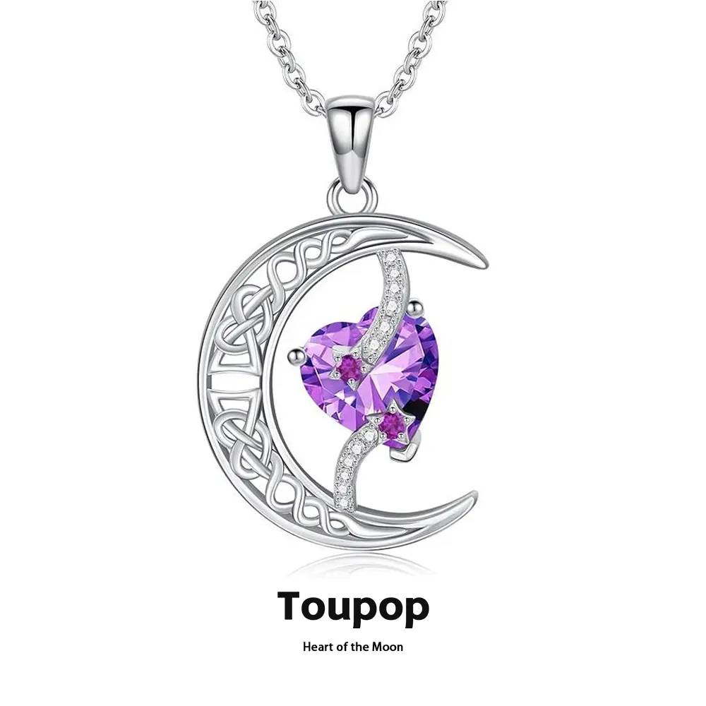 TOUPOP Moon and Star Birthstone Necklace for Women Sterling Silver Celtic Moon Jewelry Birthday Gifts for Her, Fashion Necklace, Jewellery Pendant