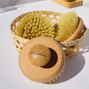 Bamboo Round Dry Body Brush with Wooden Handle and Rope Attachment