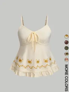 Women's Floral Embroidery Lace Trim Cami Top, Chic Casual Tie Front Top for Daily Wear, Summer Tops, Ladies Clothes for Summer, Spaghetti Strap Womenswear, Elegant Sleeveless Top