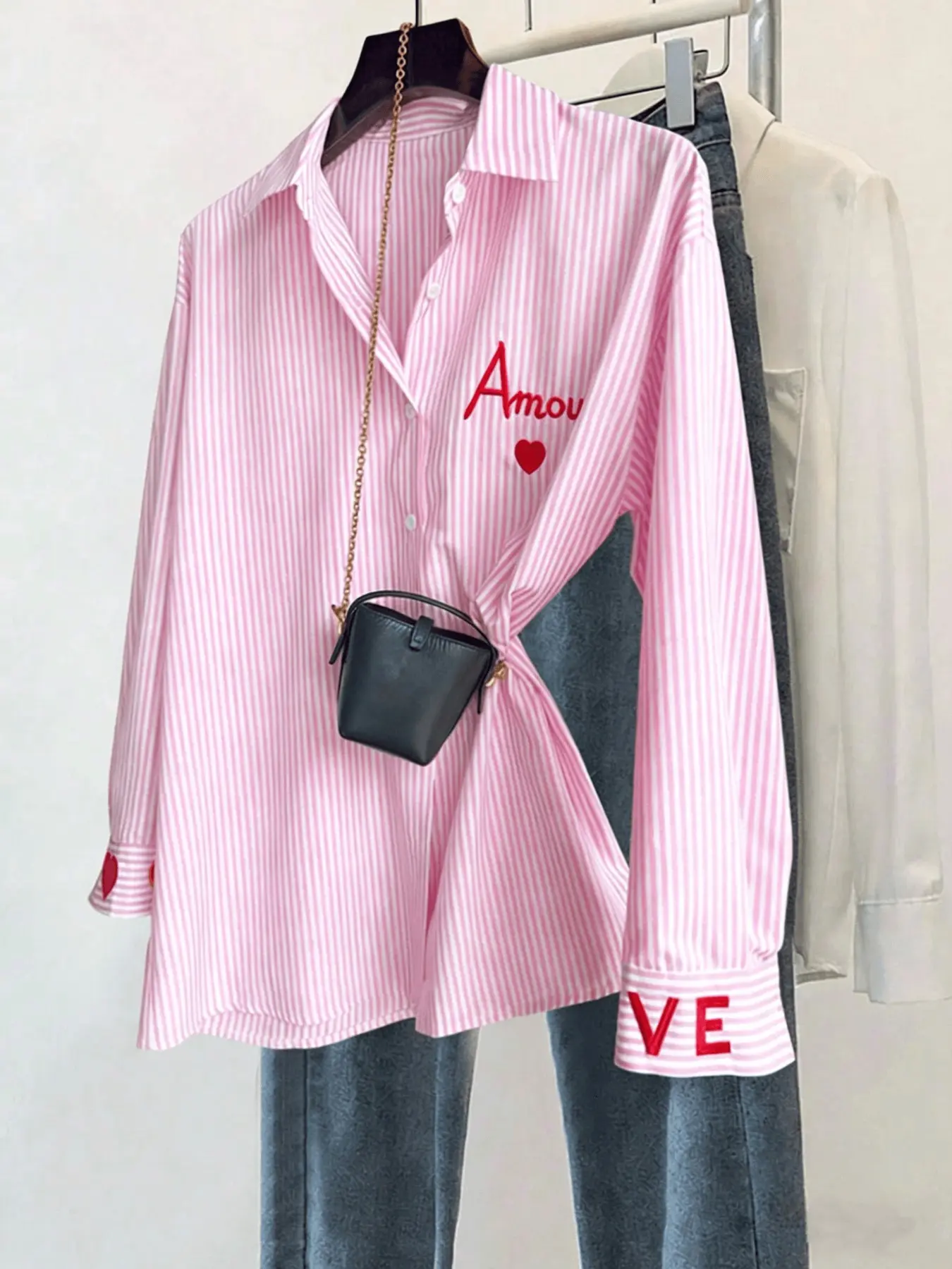 Women's Embroidery Striped Shirt Jacket, Casual Daily Wear Outerwear, Comfortable Button Design, Perfect for Commuting