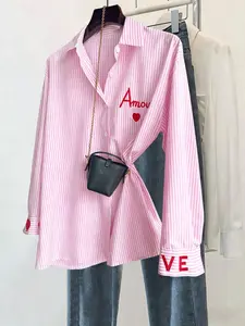 Women's Embroidery Striped Shirt Jacket, Casual Daily Wear Outerwear, Comfortable Button Design, Perfect for Commuting