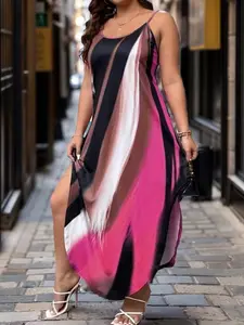 Fashionable Aesthetic Sleeveless Striped Maxi Dress, Split & Colorblock Design, Casual Comfortable Long Dress for All Seasons, Casual Wear, Womenswear