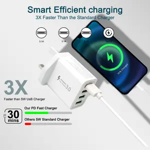 Smart Efficient Charging 3X Faster Than Standard 4-Port Fast Charging Block Power Adapter USB Wall Charger Blocks Multiple USB Charging Cube for iPhone 3.1A 30 mins Charge Time