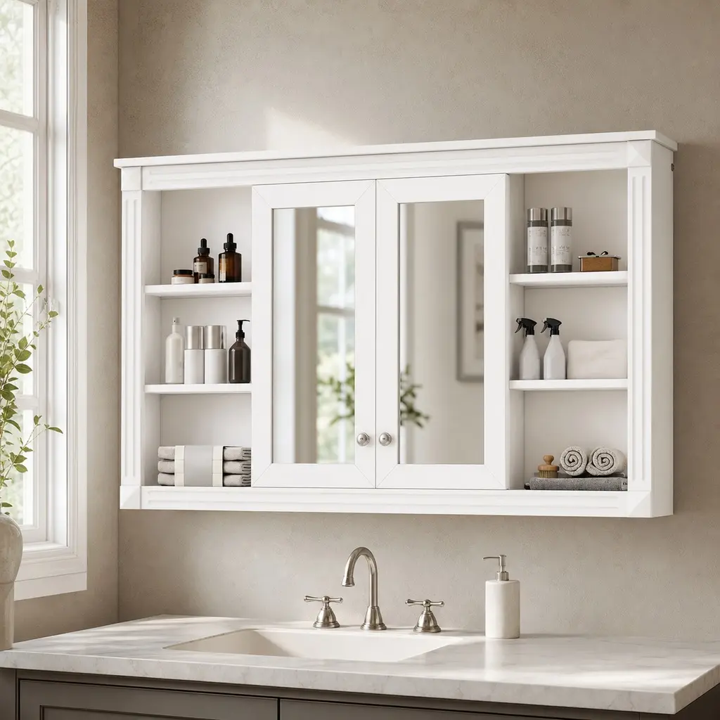47 Inch Wall Mounted Bathroom Mirror Cabinet with Storage, Adjustable Shelf and Open Shelves, Solid Wood MDF Glass Medicine Cabinet in White Painted Finish for Bathroom Bedroom Vanity, Modern Wall-Mounted Mirror Cabinet with Storage