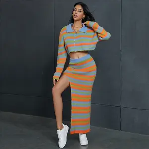 Trending Super cute knitted striped top and Skirt Spandex Womenswear