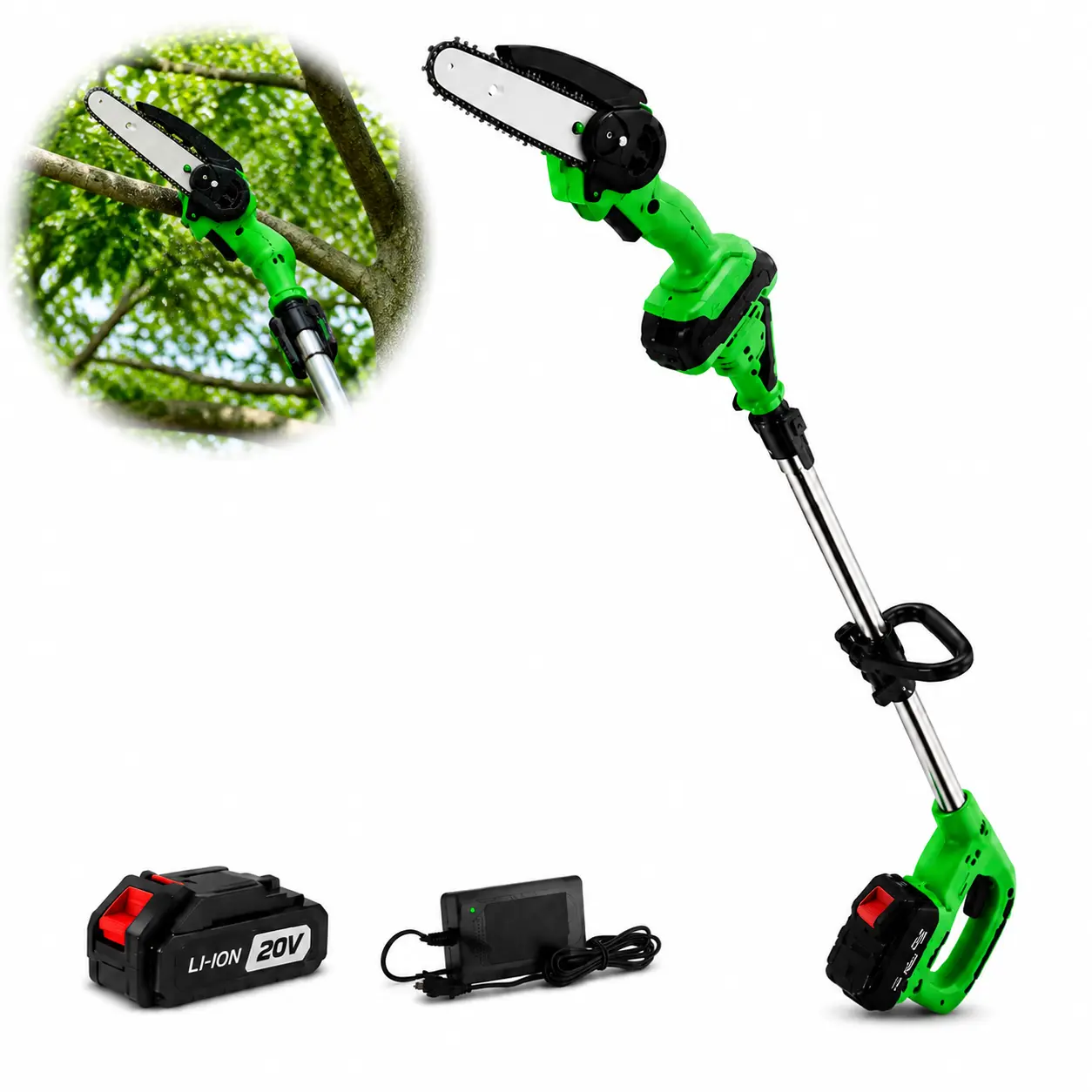 6 Inch Cordless Pole Saw with Extension Pole, 20V Tree Trimmer for Garden Pruning and Yard Care