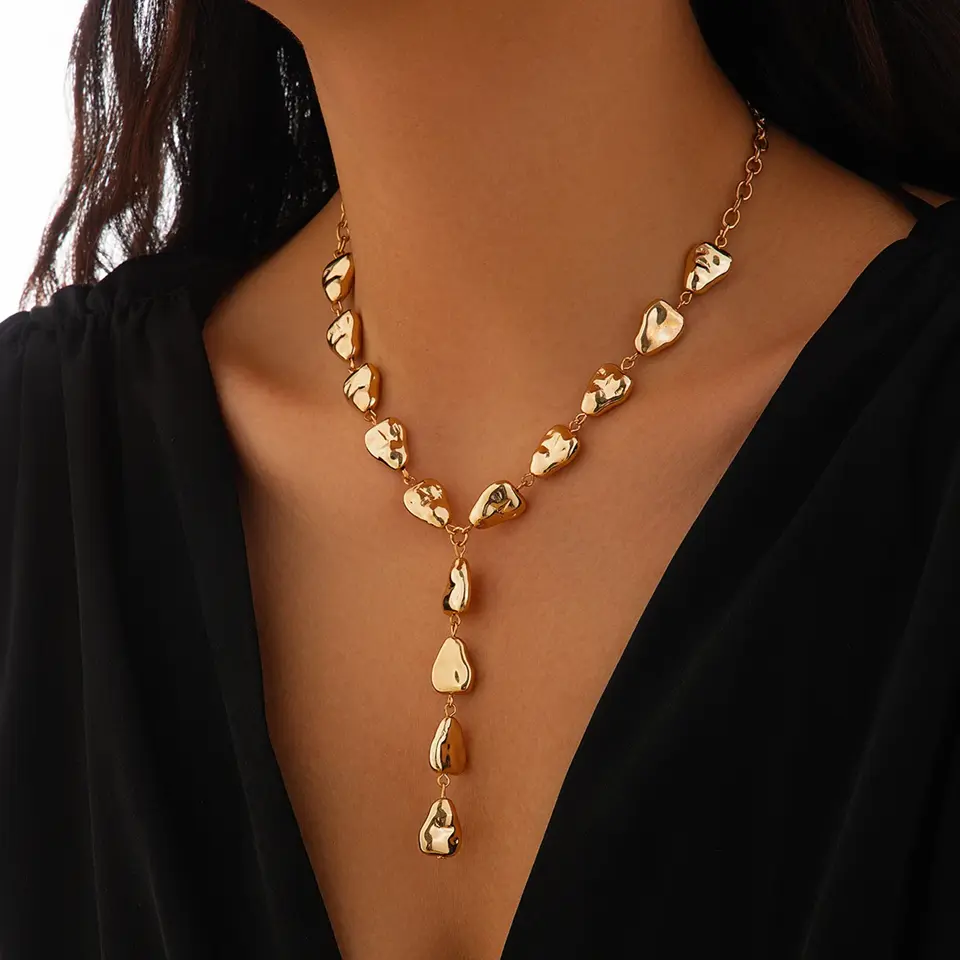 Bimini Beachwear Gold Pebble Drop Necklace – Modern Statement Y-Shaped Chain