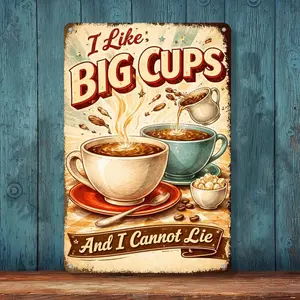 Funny Coffee Humor Metal Sign 8x12 Inch Vintage Retro Wall Decor “I Like Big Cups And I Cannot Lie” Kitchen Coffee Bar Gift Idea