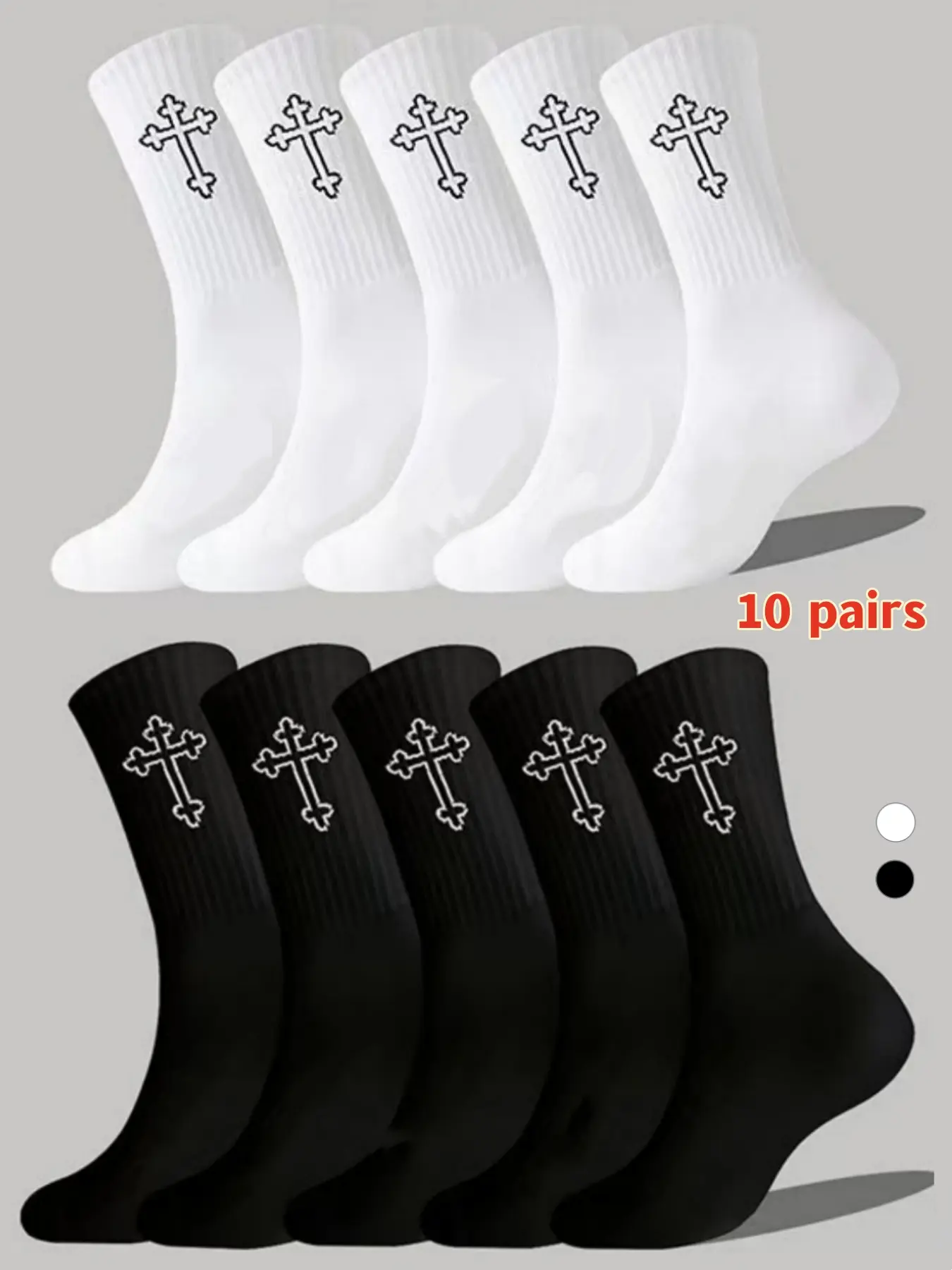 10 pairs of men's and women's Halloween gothic retro cross print mid tube socks, black and white breathable sweat absorbing drawstring mouth not slipping, arch support not easy to slip sports socks, versatile trendy socks for Halloween parties, home fitne