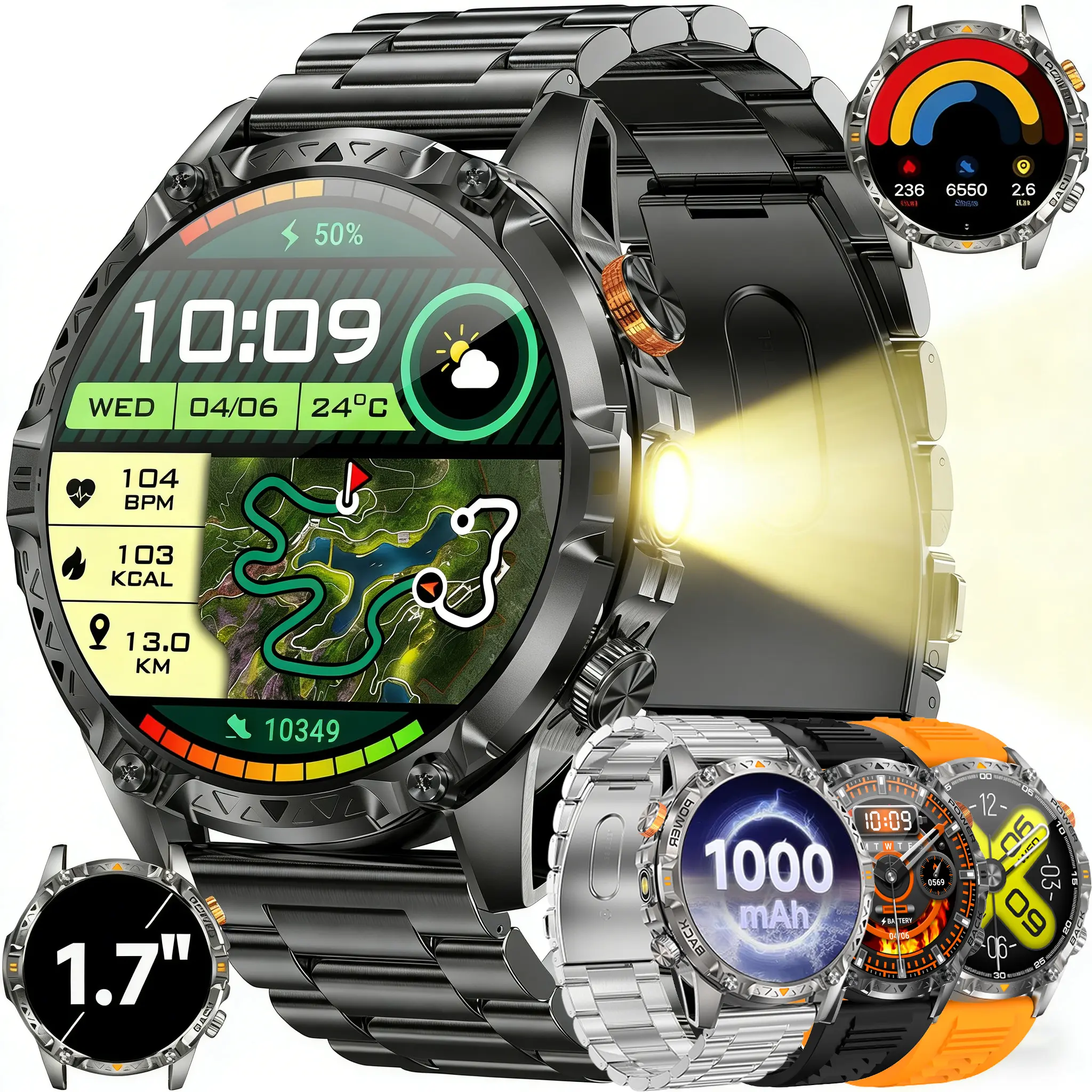 Men's Wearable Smart Watch with 1.8-inch AMOLED Screen, 150+ Sports Modes, Wireless Call & Text, Stress Tracker, Sleep Monitoring, 1000mAh Battery, LED Flashlight, Music Player, Navigation, IP68 Waterproof Workout Watch for iPhone/Android - Men Gifts, Sma