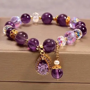 1pc Elegant Temperament Water Drop Synthetic Zirconia Bracelet, Artificial Crystal Purple Fashion Bracelet, Ladies Romantic Temperament Hand Beaded Jewelry