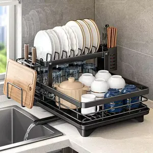 2 Tier Dish Drying Rack with Drainboard, Black Kitchen Counter Organizer with Utensil Holder, Cutting Board Rack, Chopstick Holder and Drain Pipe,  space-saving and durable.  Heavy Duty Carbon Steel Dish Rack for Modern Kitchen，keep your kitchen neat 