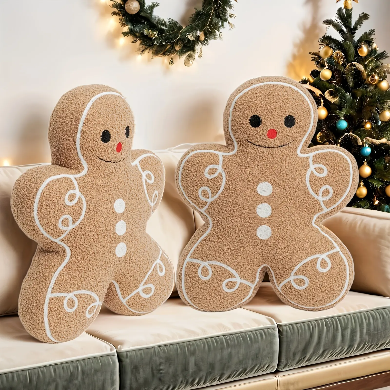 Gingerbread Man Christmas Throw Pillow, Soft Sherpa Plush Gingerbread Decorative Cushion, Cute Embroidered Xmas Shaped Pillow for Sofa Couch Bedroom Holiday Home Decor Christmas Gift for Family Friends