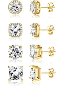 Stud Earrings for Women Men - Stud Earring Jewelry - 925 Sterling Silver Earrings for Sensitive Ears - 6/8/10mm Cubic Zirconia Earrings Studs-18K Gold Plated Simulated Diamond CZ Halo Earrings 2/4Pairs