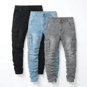 Men's Slim Fit Cargo Denim Jeans Pants Side Utility Pockets Distressed Raw Hem Stacked Washed Stretch Comfortable Durable Breathable High Street Streetwear Hip Hop Urban Casual Daily Wear Night Out Street Style