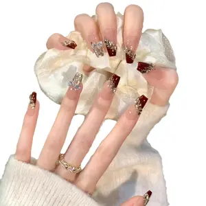 Three-dimensional Diamond Embossed Bow Press-on Acrylic False Nails with Gradient Halo Finish Personalized Versatile Detachable Reusable Plastic Fake Fingers for Styling