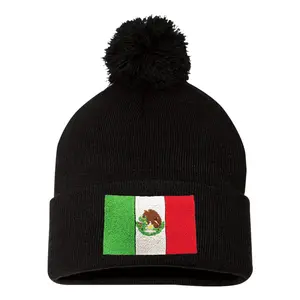 Mexico Flag Embroidered Knit Beanie Pom Cap