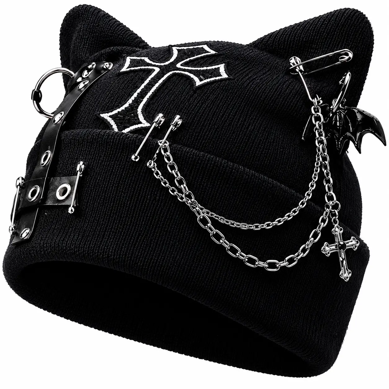 Cat Ear Beanie Hat with Chain Details, Black Knit Statement Hat for Streetwear Looks, Unisex Gift Beanies Hats Adjustable Stylish Hat