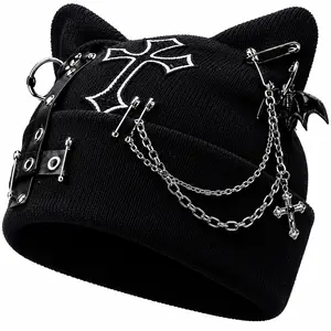 Cat Ear Beanie Hat with Chain Details, Black Knit Statement Hat for Streetwear Looks, Unisex Gift