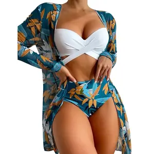 3Pcs Women Triangle-Bikini String Swimwear Cheeky Thong Swimsuit High Cut-Bikini Set Criss-Cross Drawstring Beach-Bikini
