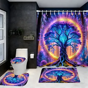 1/4 Pcs Magical Tree pattern bathroom set with shower curtain, carpet, 12 hooks, including bath mat, U-shaped floor mat, toilet seat oval rug, for stylish home decor, Bathroom Decoration Accessories
