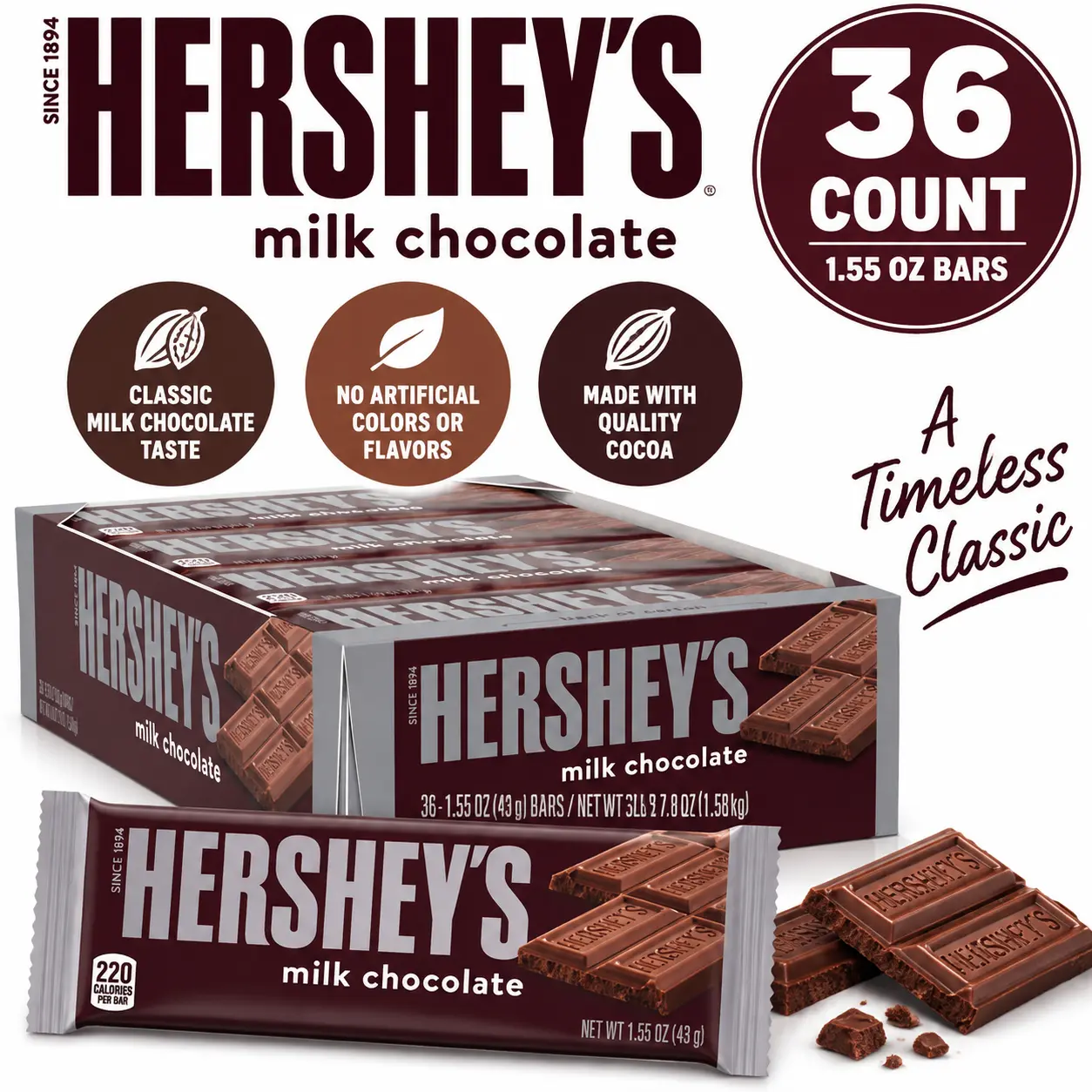 Hersheys Milk Chocolate Bar 1.55 oz 36 Count Classic Chocolate Candy Bars Hersheys Milk Chocolate Bar 1.55 oz 36 Count Classic Chocolate Candy Bars