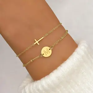 Cross Bracelet for Women Initial Bracelets for Women Dainty Layered Beaded Disc Monogram Gold Faith Cross Bracelet Christian Religious Jewelry Gift