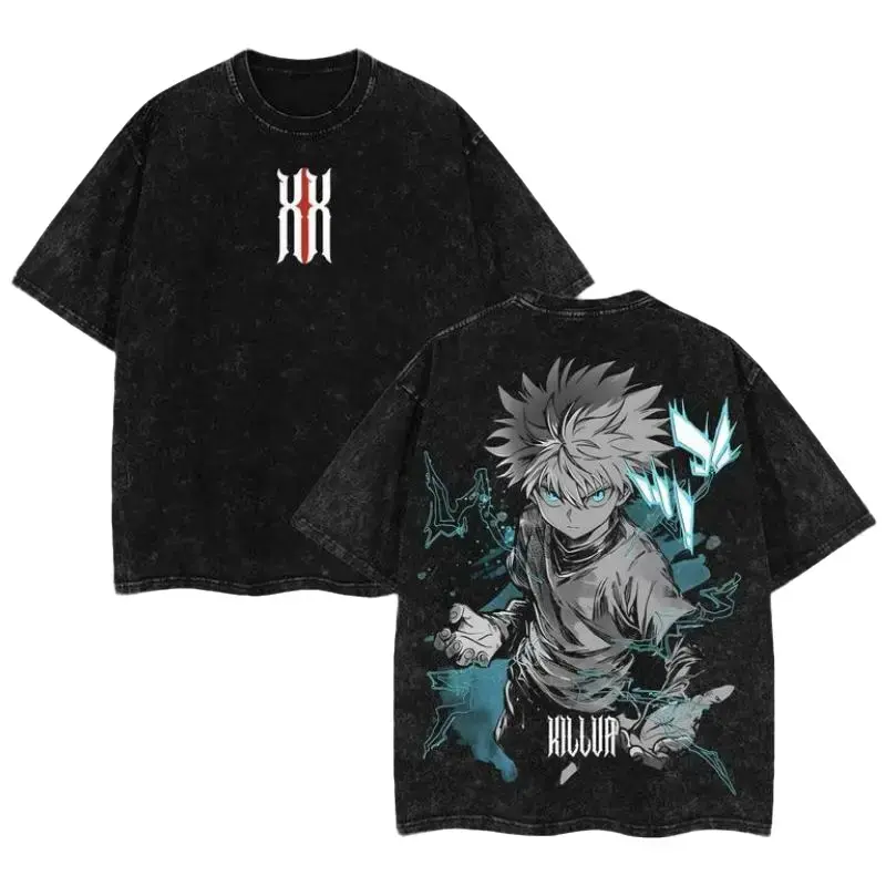 Killua Zoldyck T-Shirt Hunter x Hunter Graphic Anime Tee Oversized Acid Washed Soft Cotton Shirt Anime Streetwear Casual Menswear Unisex Summer Clothing Gift for Anime Fans