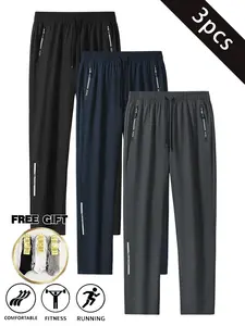 3PCS men’s lightweight breathable straight-leg athletic pants featuring zippered safety pockets, drawstring waist, letter print—ideal for gym workouts and everyday streetwear wear outdoors.