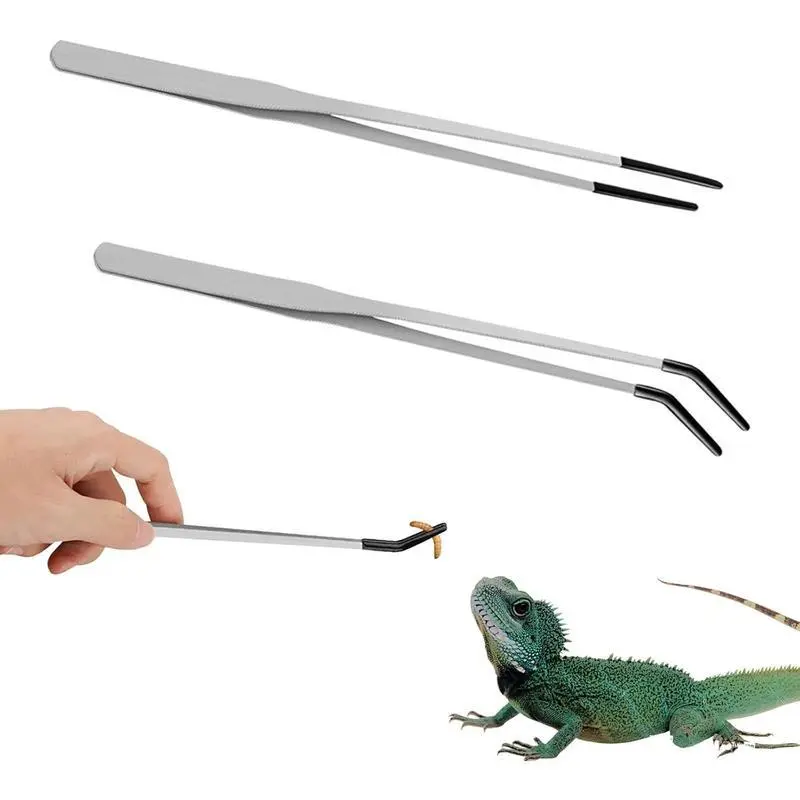Pet Supplies Reptile Feeding Tongs - 2-Pack Stainless Steel, Curved with Rubber Tips, for Bearded Dragons, Terrarium Tank Accessories