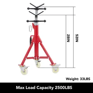 Heavy Duty V-Head Pipe Jack Stand with Casters – Adjustable Height 28-52" – 1100 lb Load Capacity – Folding Carbon Steel Support for Welding, Automotive, Industrial Use – 1/8"-12" Pipe Capacity