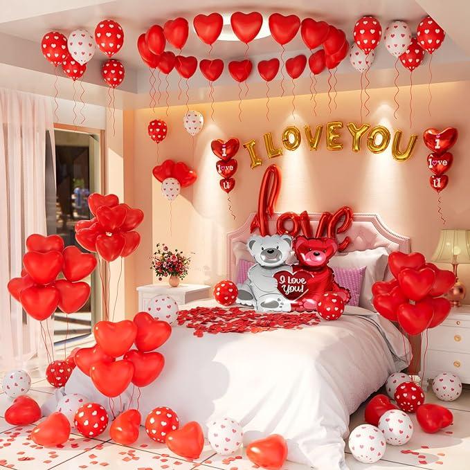 New Deal - Valentines Day Balloons Decorations I Love You Balloons and Heart Balloons Kit with 1000Pcs Red Silk Rose Petals Flower Decoration Love-Bear Heart Print Balloons Banner for Valentine Party Decorations
