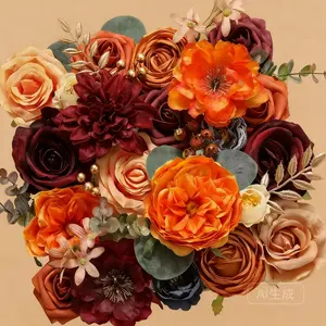 AUSOGO Artificial Fall Flowers Box - Waterproof Colorfast Maintenance-Free for Weddings Valentine's Day Thanksgiving Decorations with Burgundy Orange Silk Roses Hibiscus Dahlia home party wedding anniversary holiday flowers