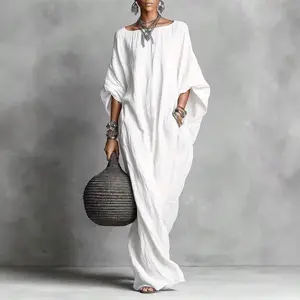Women's 2026 Retro Solid Off-Shoulder Long-Sleeve Maxi Dress with Pockets, Casual Flowy Lounge Dress Elegant Light