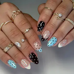 24pcs Short Almond Nail Tips Round Dot Pattern Removable Fake Nails Half Handmade Design Includes Nail File Jelly Glue