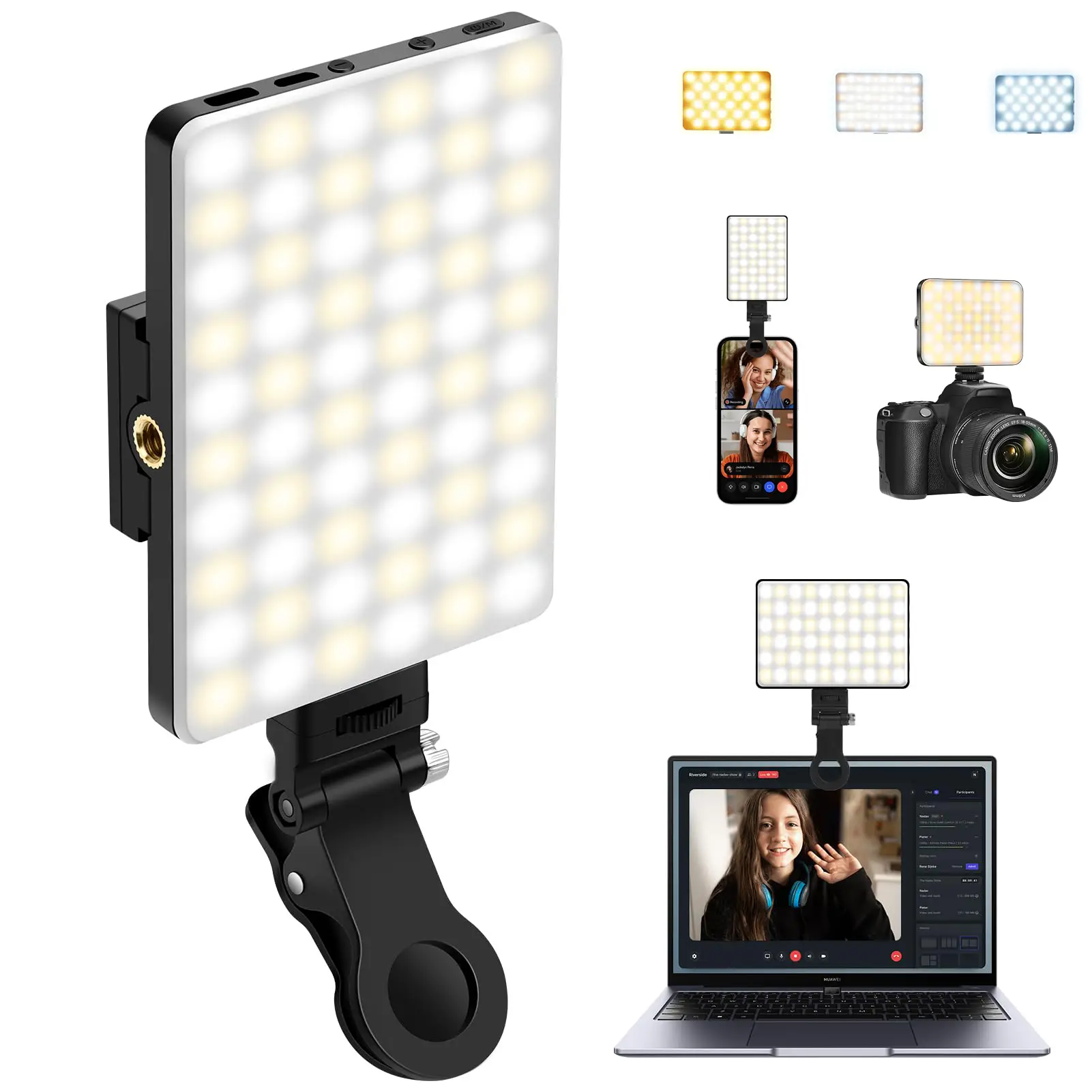 60 LED High Power Selfie light,Rechargeable Clip Fill Video Conference Light with Front & Back Clip, Cellphone Accessories Adjusted 3 Light Modes f