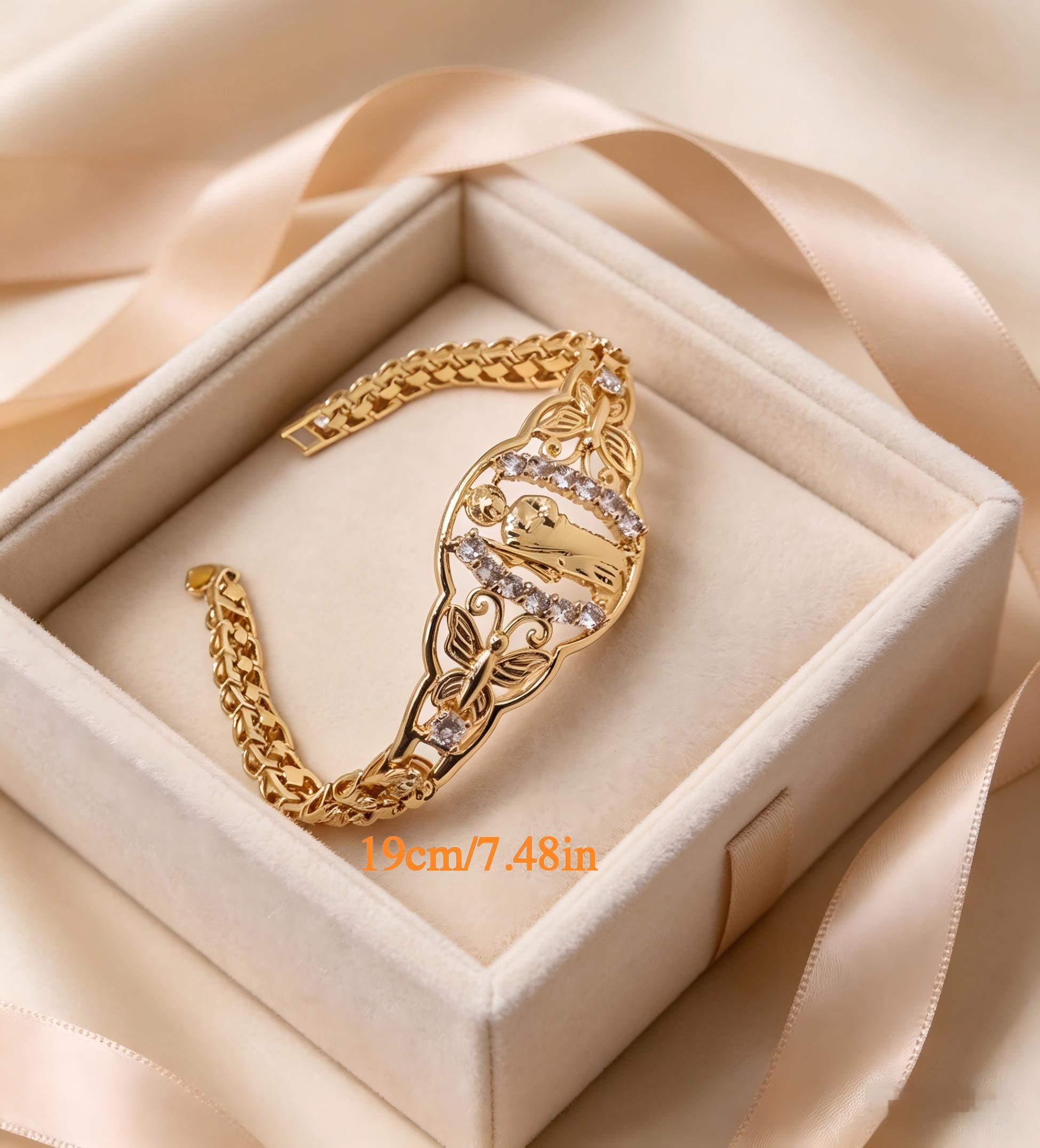 14K Gold Plated Jesus Bracelet, Catholic Christian Religious Jewelry with CZ Stones, Butterfly Detail Link Chain for Women, Faith Gift