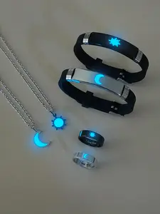 6 Piece Glow-In-The-Dark Moon & Sun Couple Necklace Bracelet Ring Couples Jewelry Set, Simple Cute Style, Perfect Gift for Valentine's Day