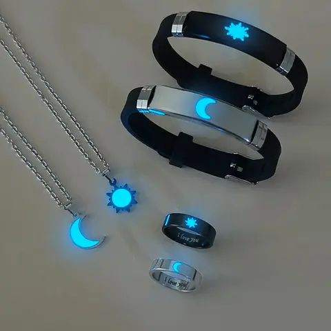 6 Piece Glow-In-The-Dark Moon & Sun Couple Necklaces & Bracelets & Rings, Couples Jewelry Set, Jewellery Gift Set, Simple Cute Style, Perfect Gift for Valentine's Day