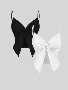 Women's Solid Color Butterfly Decor Bandeau Bra & Tie Side Swim Panty Bikini Set, Casual Fashion Chic Swimwear Set for Beach Holiday Vacation, Ladies Summer Clothes, Bandeau Bikini Top, Bandeau Bathing Suits