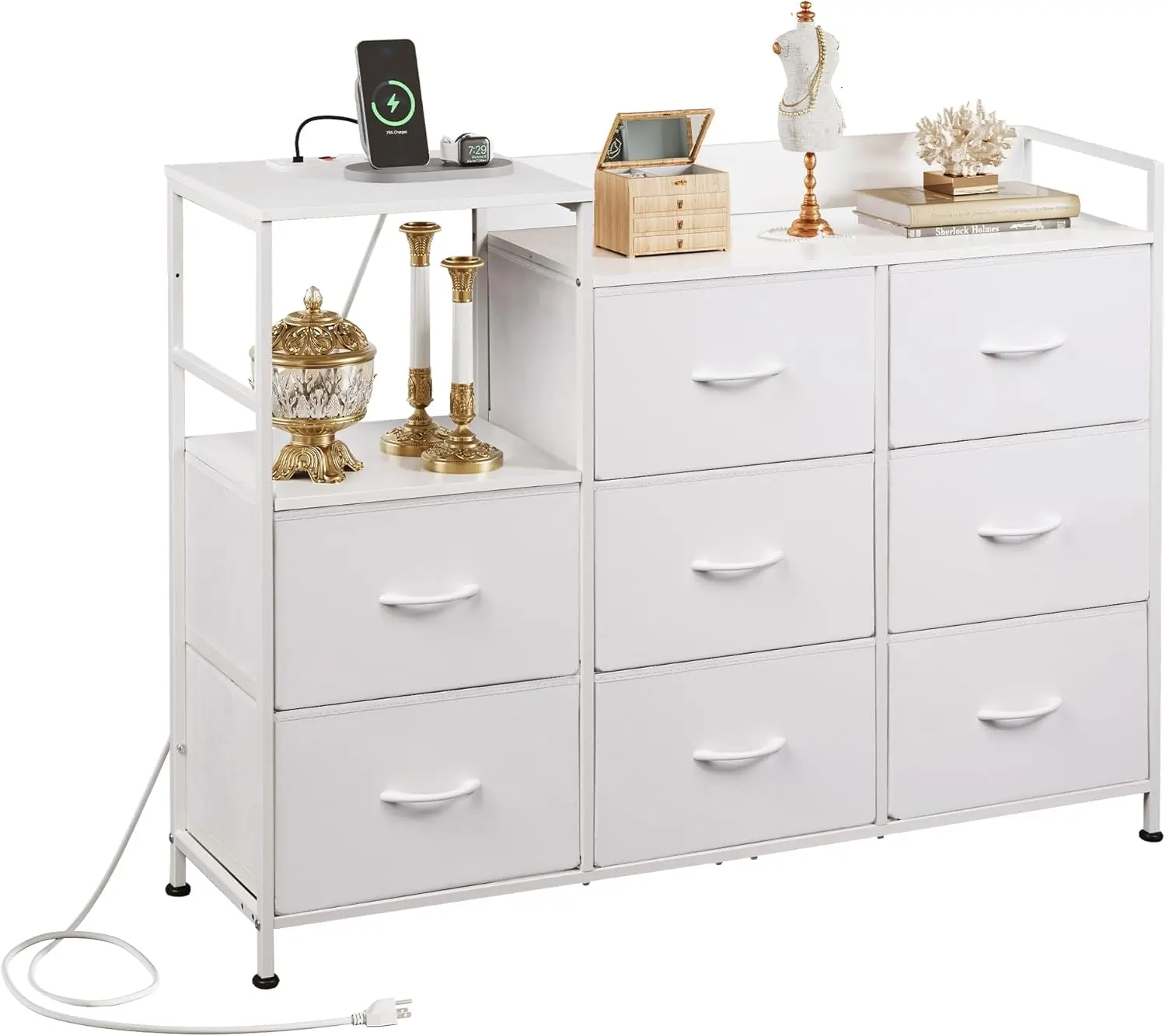 Tall Fabric Storage Tower Dresser-Dresser TV Stand for Bedroom with Charging Station and Open Shelves, Fabric Dresser with 8 Drawers and Wood Top, Wide Storage Chest of Drawers for Living Room, Hallway