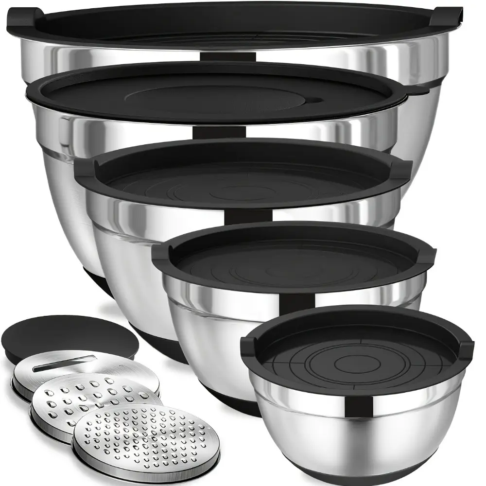 Stainless Steel Salad Bowls Set of 8 with Black Non‑Slip Silicone Base, Lids and Graters, Salad Serving Bowls, Durable Kitchenware