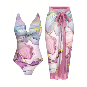 Fashion Marble Texture Print Sunscreen Swimsuit Set, One-Piece Gauze Skirt with Tie Shoulder Straps, Round Neck Slim Fit Two-Piece Set, Beach Vacation Swimsuit for Women