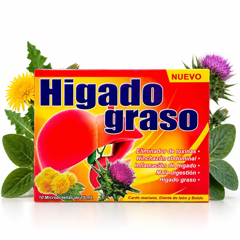 Higado graso Dietary Supplement 15 mL, Liquid Supplement with Cardo Mariano, Diente de León and Boldo, 10 Microbottles, Traditional Herbal Ingredients, Convenient Liquid Format