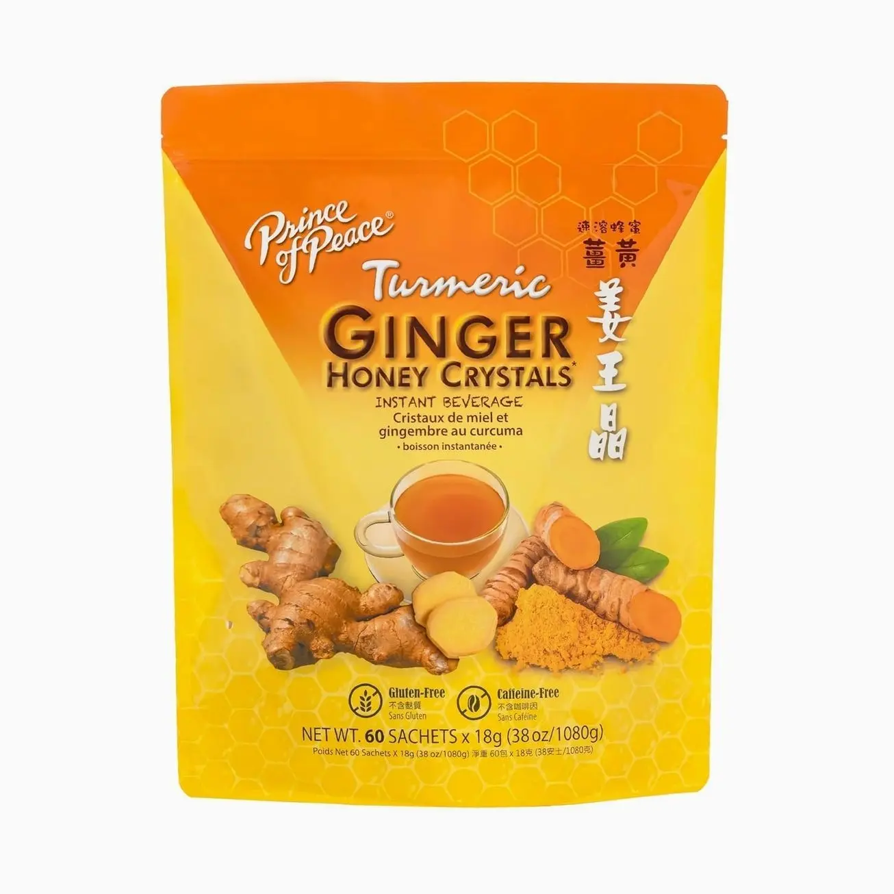 Prince of Peace Instant Ginger Honey Crystals with Turmeric, Value Pack 60 Sachets – Instant Hot or Cold Beverage Easy to Brew – Drink Like a Tea – Caffeine and Gluten Free – Real Ginger 38oz (1080g)undefined