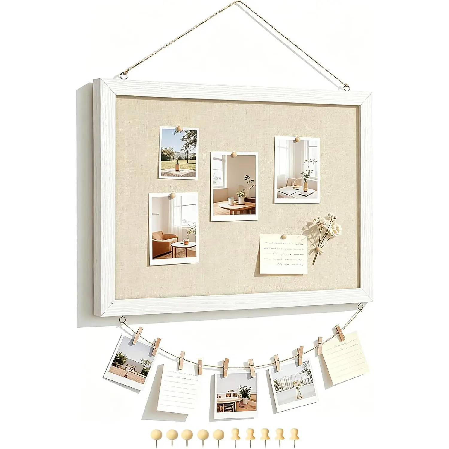 Double-Sided Linen Decorative Memo Board, 16"x12" Wood-Framed Wall-Mountable Unit with 10 Pushpins, 10 Clips for Home, Office