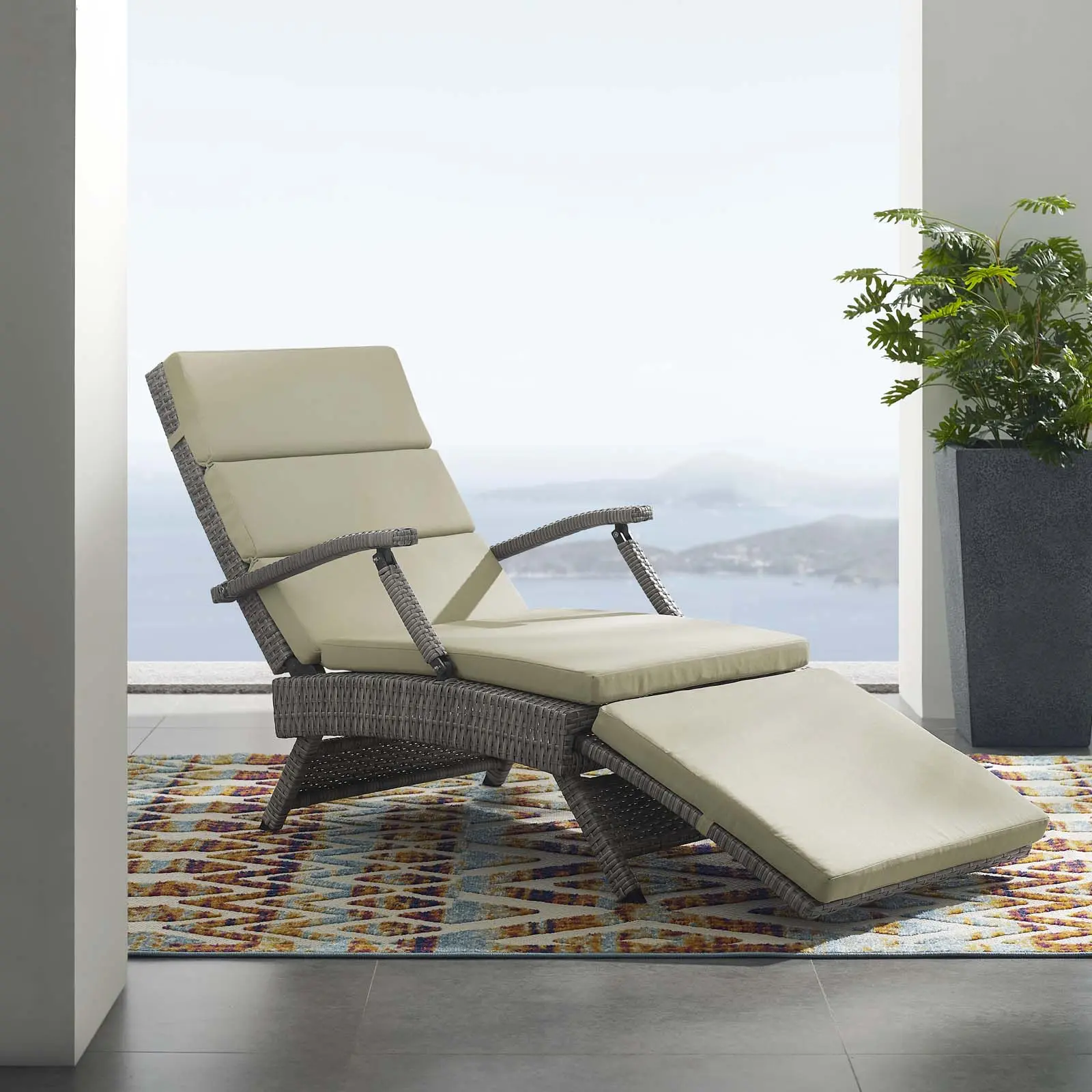 Modway Envisage Contemporary Outdoor Patio Synthetic Wicker Rattan Recliner Chaise Lounge Chair - Light Gray Beige, Powder Coated, Easy Fold